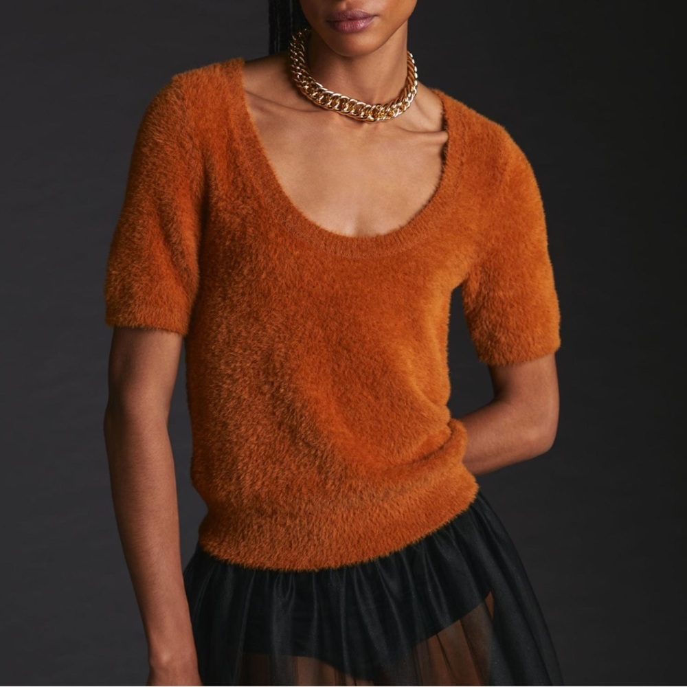 Anthropologie Cedar Maeve Scoop Neck Eyelash Sweater Burnt Orange Rust Small